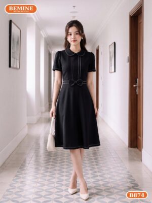 Đầm thiết kế BEMINE cổ sen viền chỉ nổi dáng chữ A B874 hình ảnh