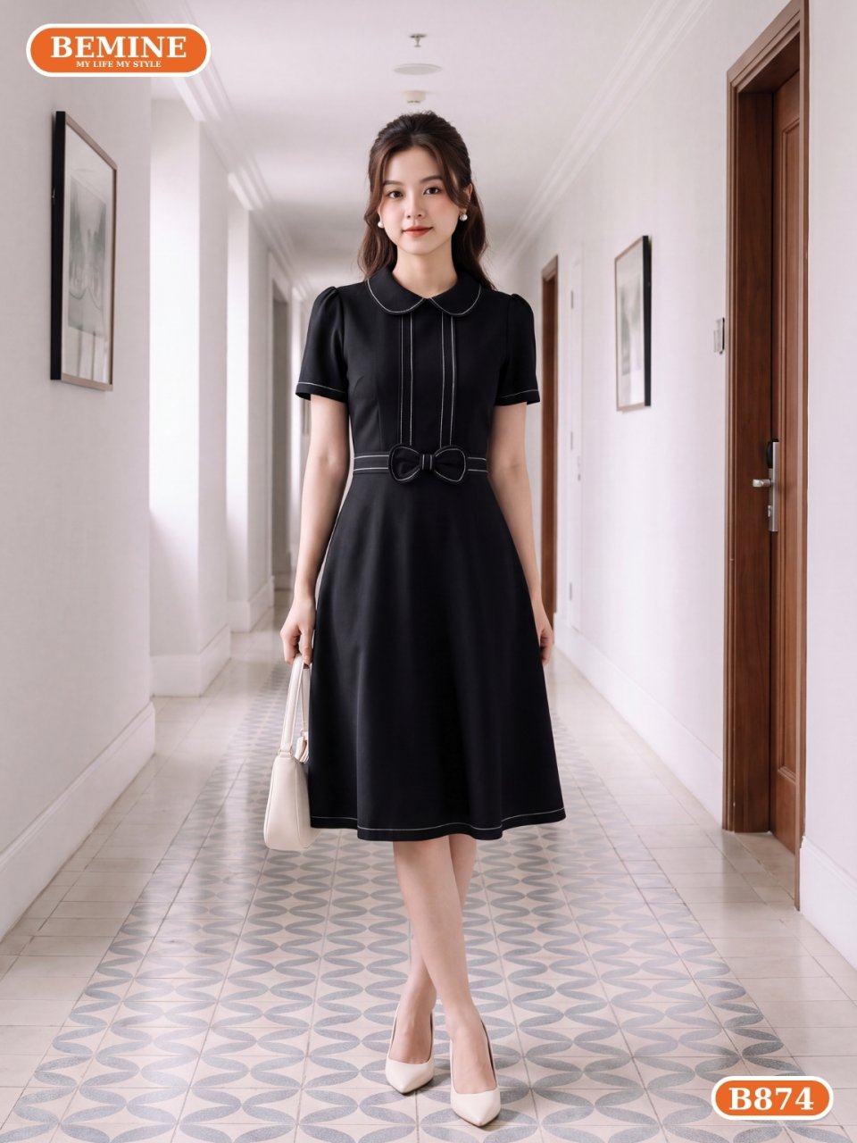đầm thiết kế cổ sen viền chỉ nổi dáng chữ A B874