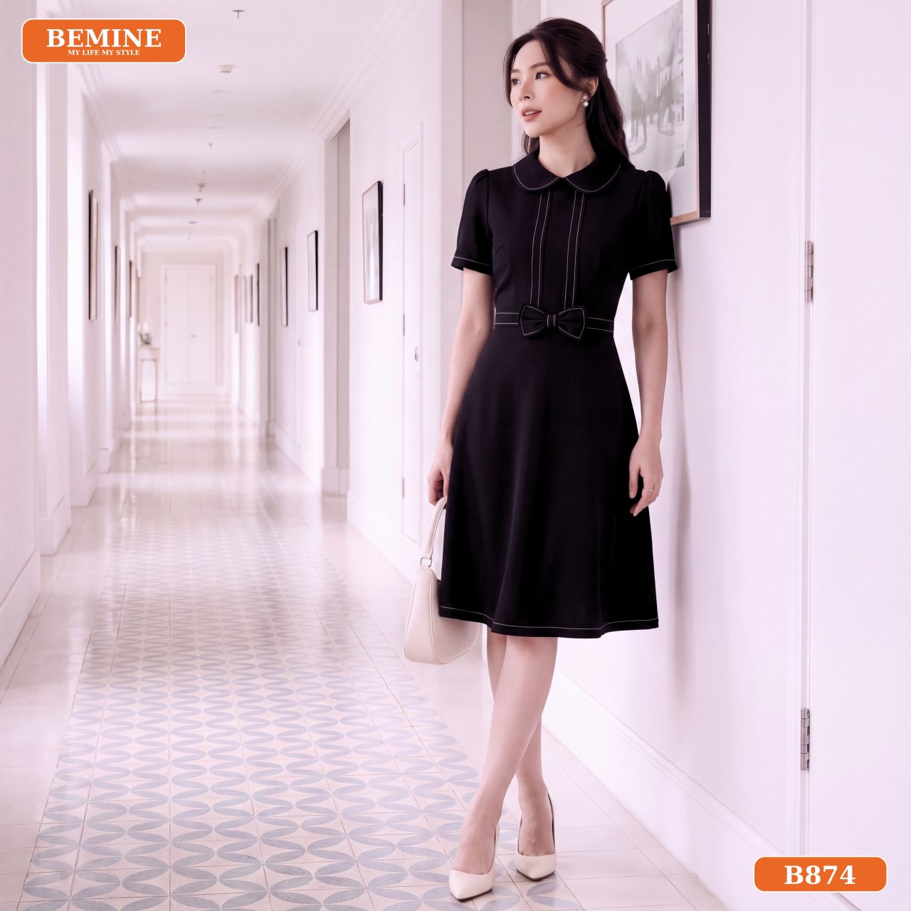 Gợi ý phối đồ đầm chữ A cổ sen B874 đi làm BEMINE