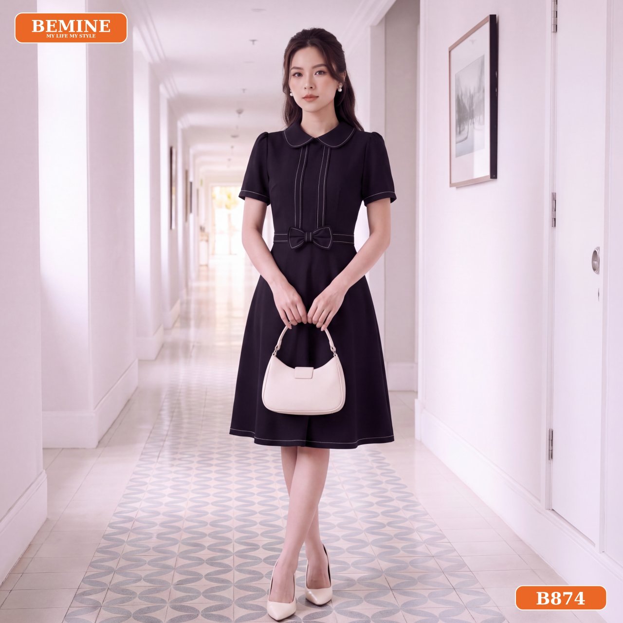 Thiết kế đầm chữ A cổ sen B874 viền chỉ nổi BEMINE