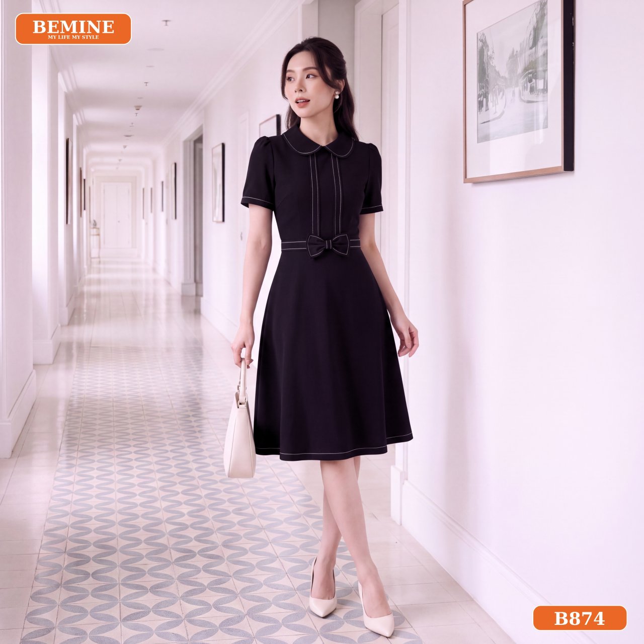 Đầm chữ A cổ sen B874 phối túi xách công sở BEMINE