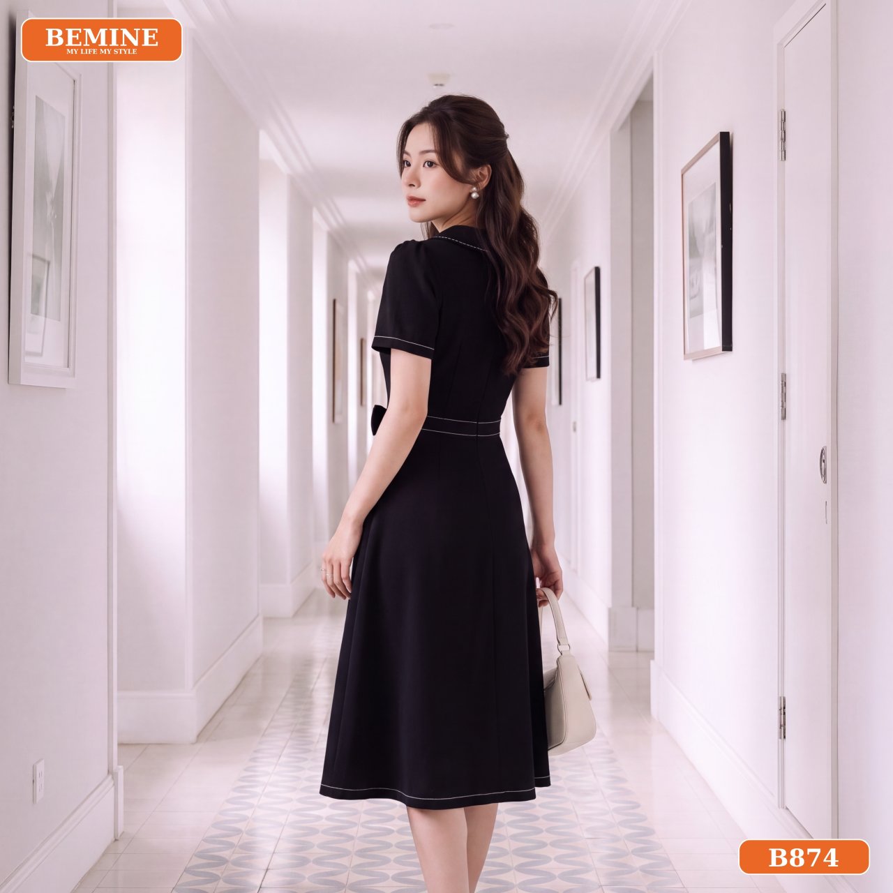 Chi tiết túi sườn tiện dụng đầm chữ A cổ sen B874 BEMINE
