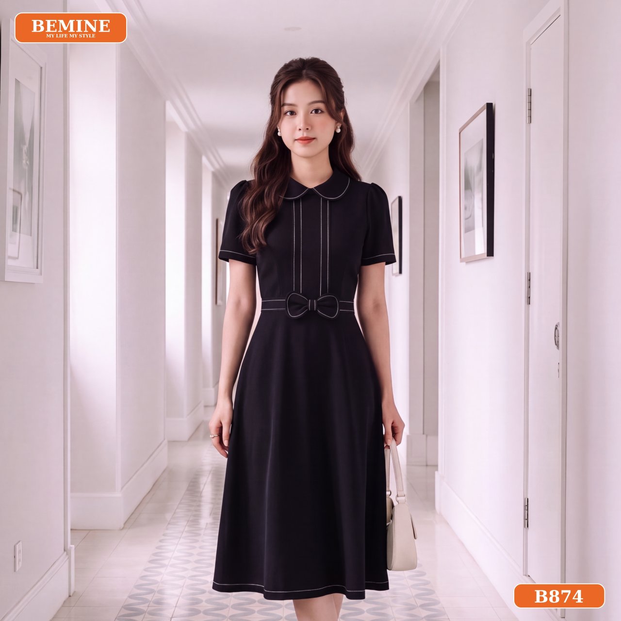 Chất liệu cotton Thái đầm chữ A cổ sen B874 BEMINE