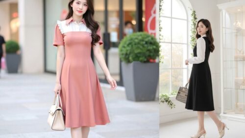 Đầm Công Sở Dáng Xòe Dài Qua Gối Cho Người U40 Tôn Vóc Dáng Thanh Lịch hình ảnh