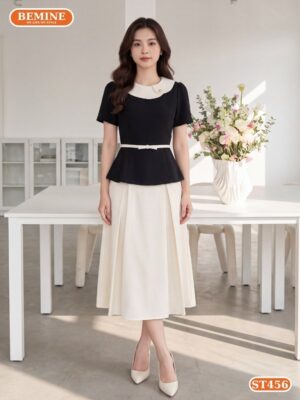 Đầm thiết kế BEMINE set thiết kế áo cổ sen kiểu dáng peplum và chân váy dáng dài ST456 hình ảnh