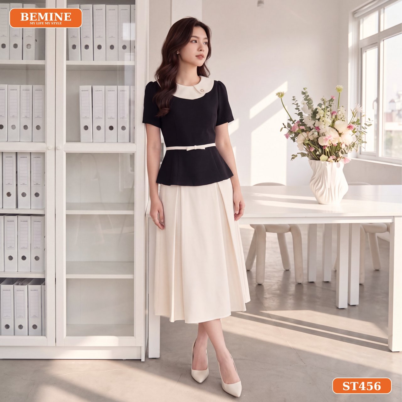 Gợi ý phối phụ kiện cùng set áo peplum chân váy dài ST456