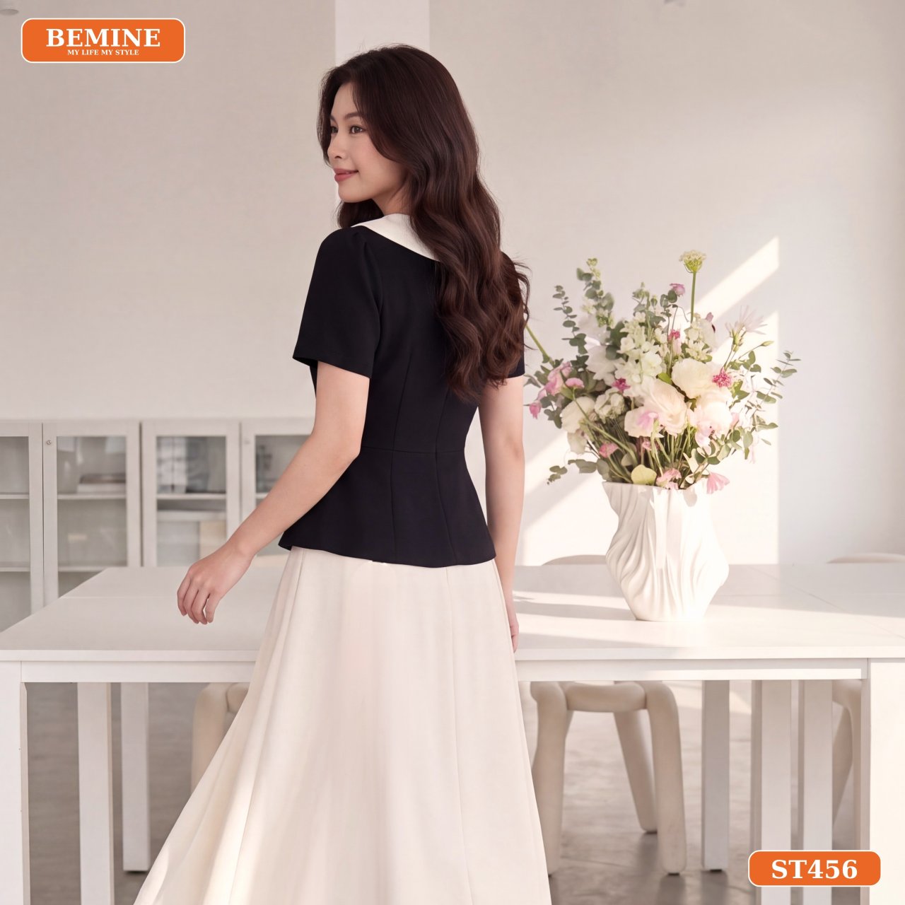 Chất liệu vải cao cấp của set áo peplum chân váy dài ST456