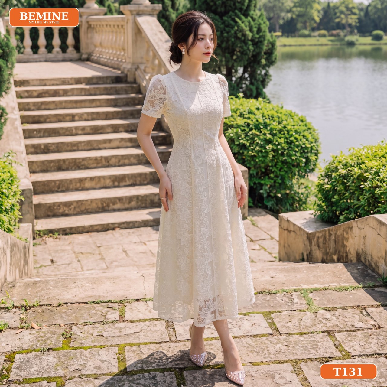 Chất liệu ren thêu hoa đầm thiết kế T131 BEMINE