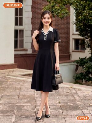 Đầm thiết kế BEMINE cổ sơ mi phối viền dáng chữ A B754 hình ảnh