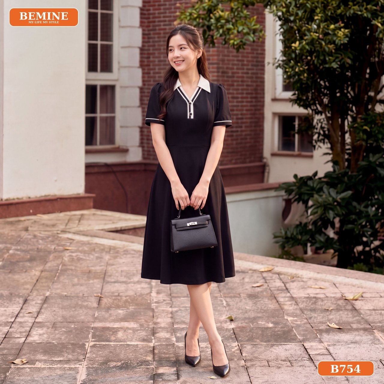 Đầm thiết kế BEMINE B754 cổ sơ mi phối viền chất cotton Thái