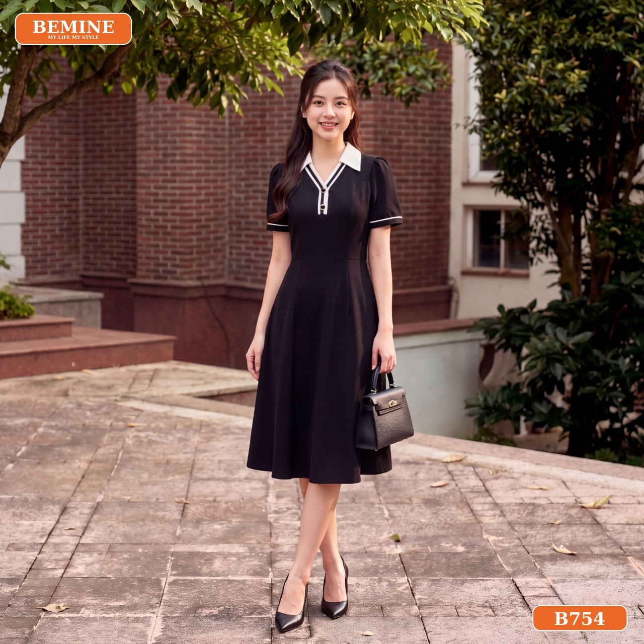 Phối đồ với đầm cổ sơ mi phối viền B754 BEMINE