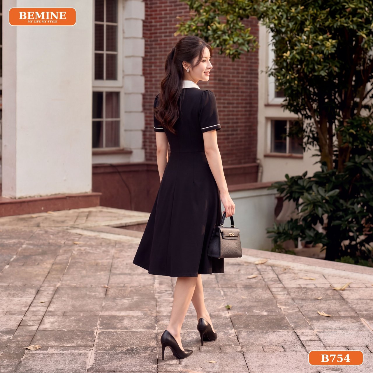 Đầm cổ sơ mi phối viền B754 BEMINE kiểu dáng tiện ứng dụng