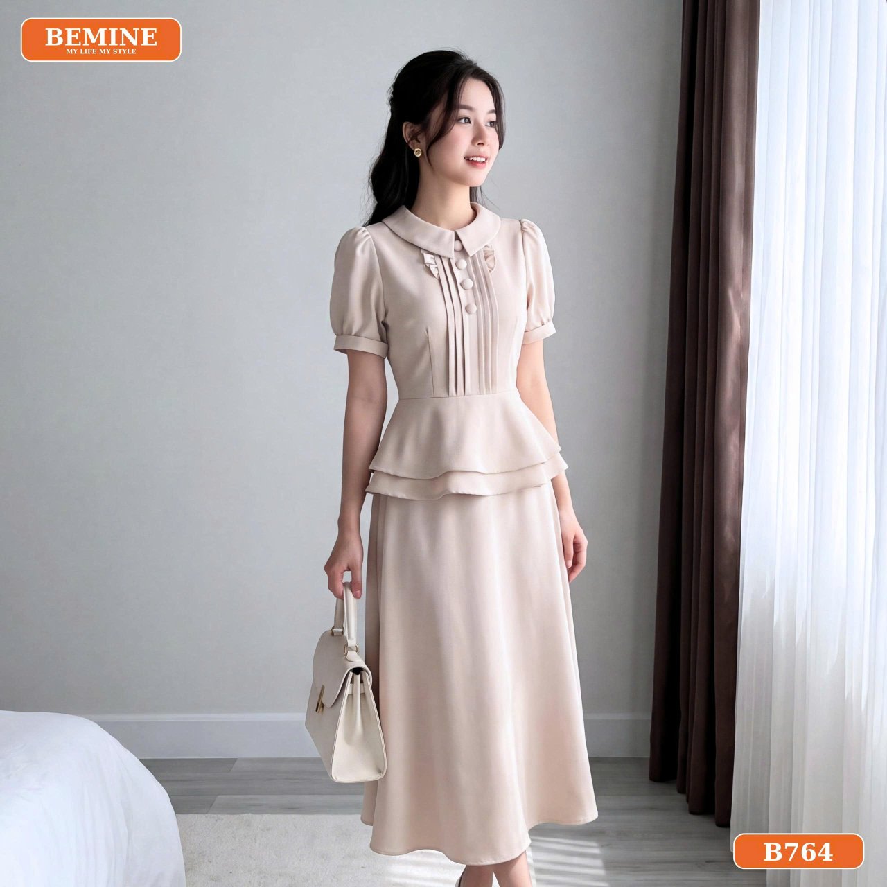 Thiết kế đầm B764 tôn dáng công sở Tổng thể phom dáng đầm thiết kế BEMINE cổ đức peplum chữ A B764