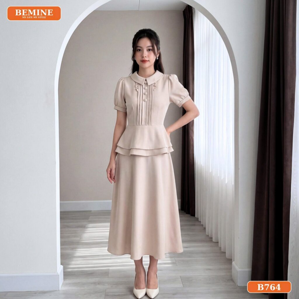 Phối đồ đi làm với đầm thiết kế BEMINE cổ đức kiểu peplum dáng chữ A B764