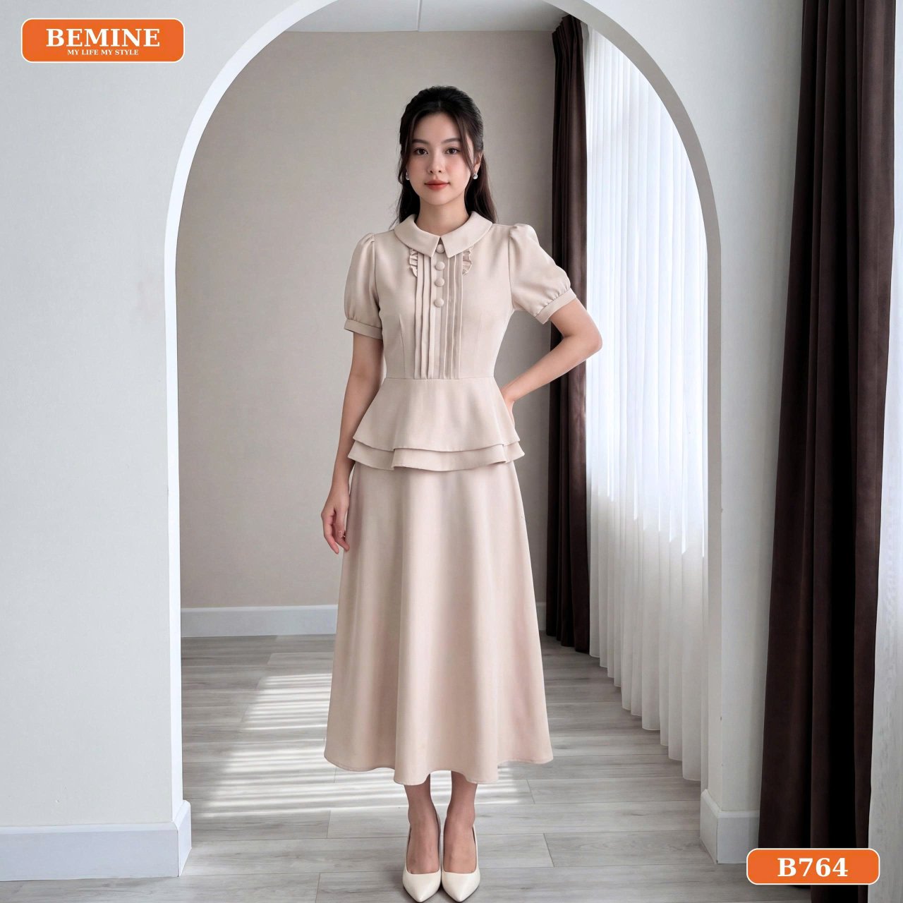 Phối đầm peplum cổ đức B764 đi làm Phối đồ đi làm với đầm thiết kế BEMINE cổ đức kiểu peplum dáng chữ A B764