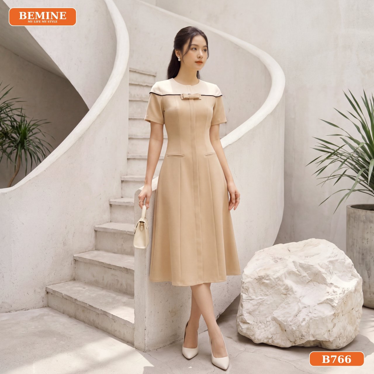 Chi tiết cổ tròn phối nơ tinh tế trên đầm B766 BEMINE