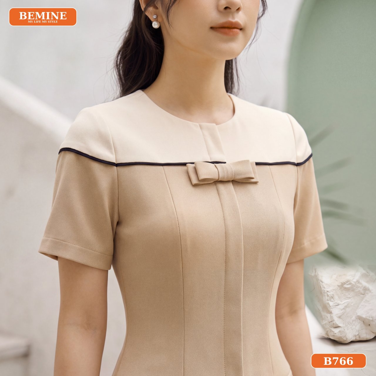 Hình ảnh tổng thể đầm chữ A cổ tròn phối nơ B766
