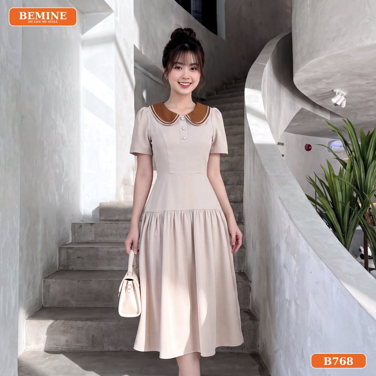 Đầm cổ sen B768 phối cùng phụ kiện đơn giản