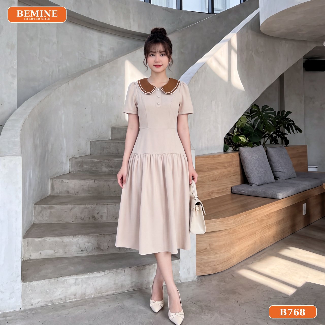 Chi tiết đầm cổ sen dáng chữ A B768 BEMINE