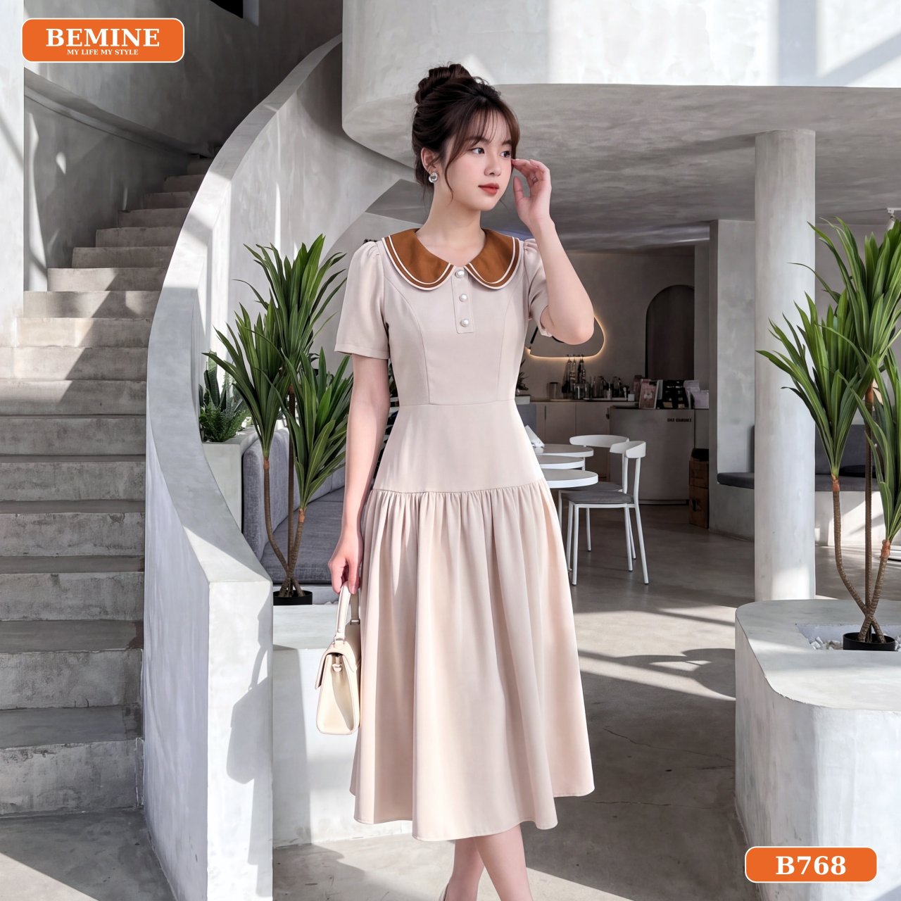 Phối đồ cùng đầm cổ sen dáng chữ A B768 đi làm