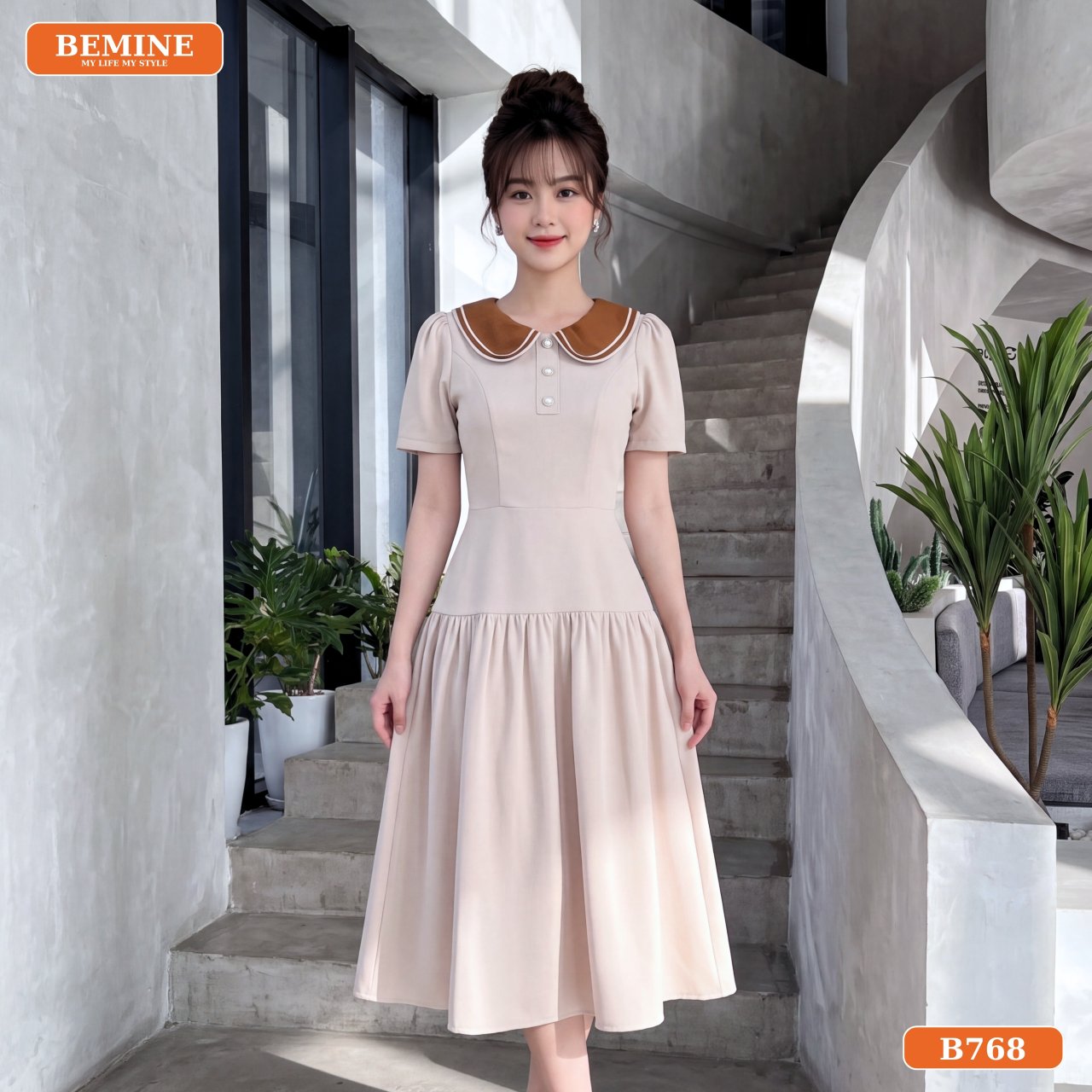 Chất liệu Cotton Thái của đầm cổ sen dáng chữ A B768