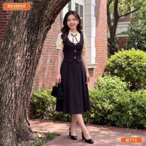 Gợi ý trang phục đầm chữ A in bi B771 đi làm