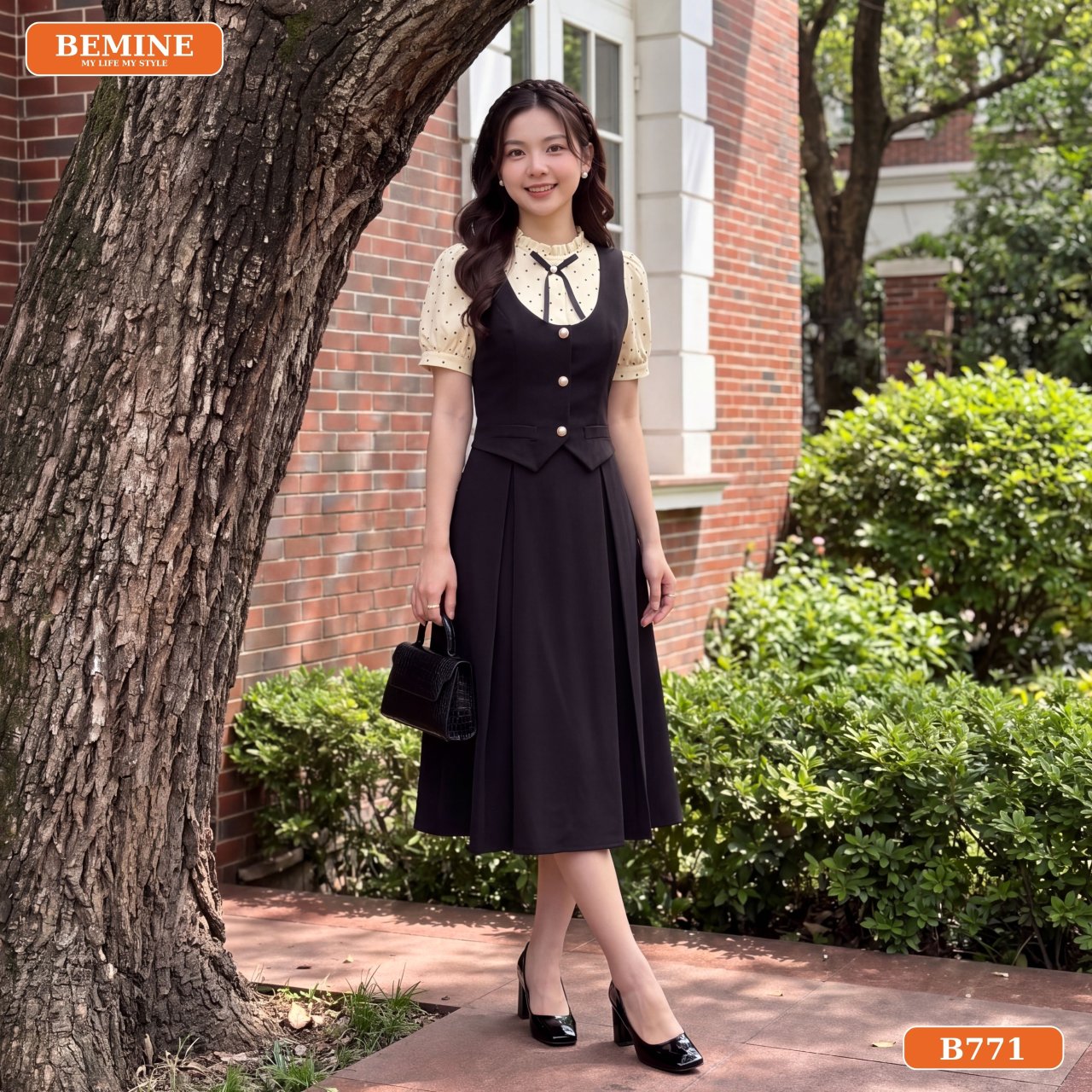 Gợi ý trang phục đầm chữ A in bi B771 đi làm
