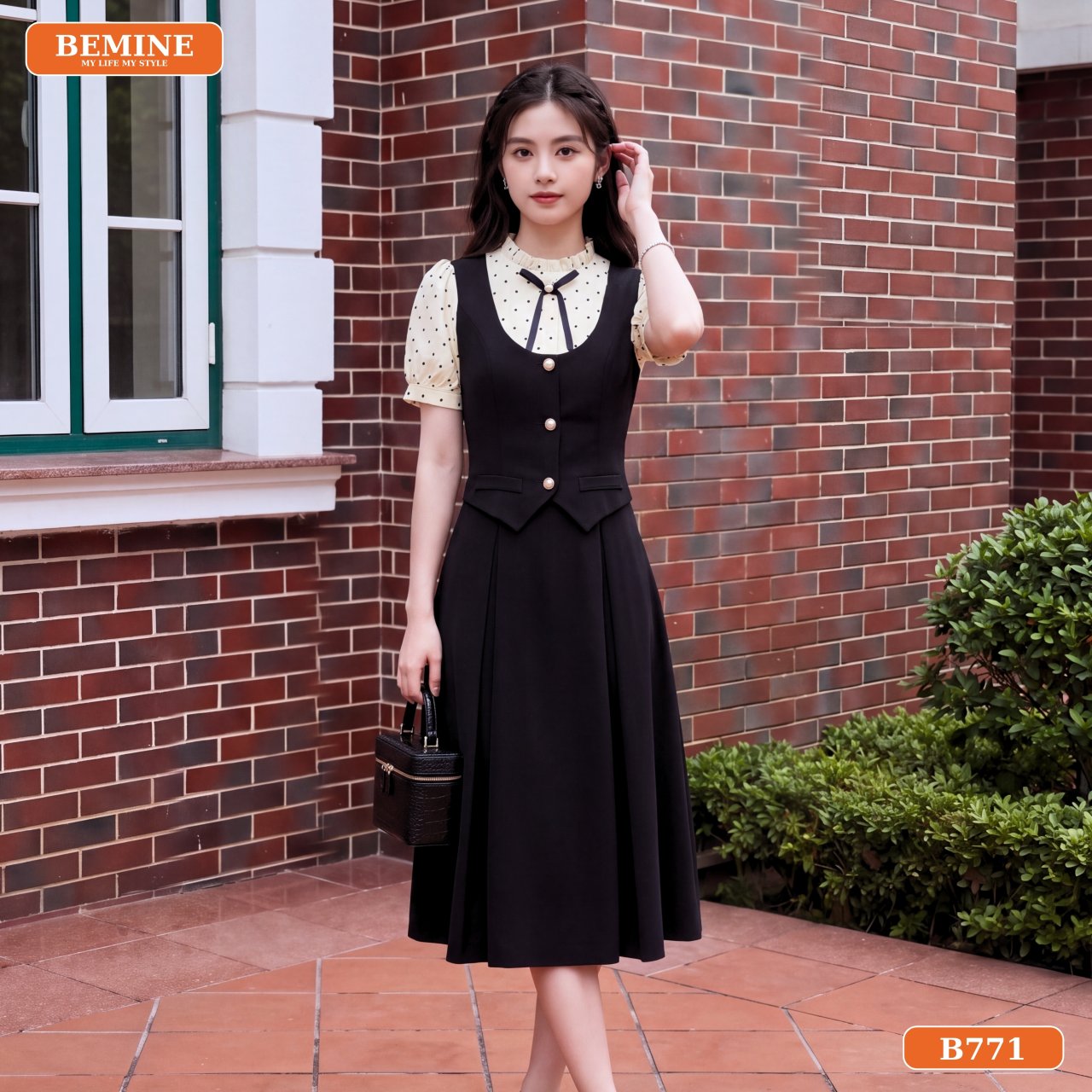 Góc nghiêng đầm chữ A in bi B771