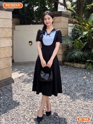Đầm thiết kế BEMINE cổ thủy thủ phối caro dáng chữ A B788 hình ảnh