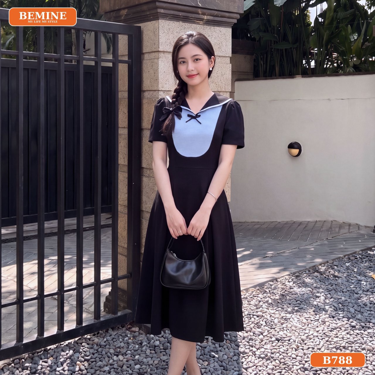 Gợi ý phối đồ với đầm thiết kế cổ thủy thủ phối caro B788