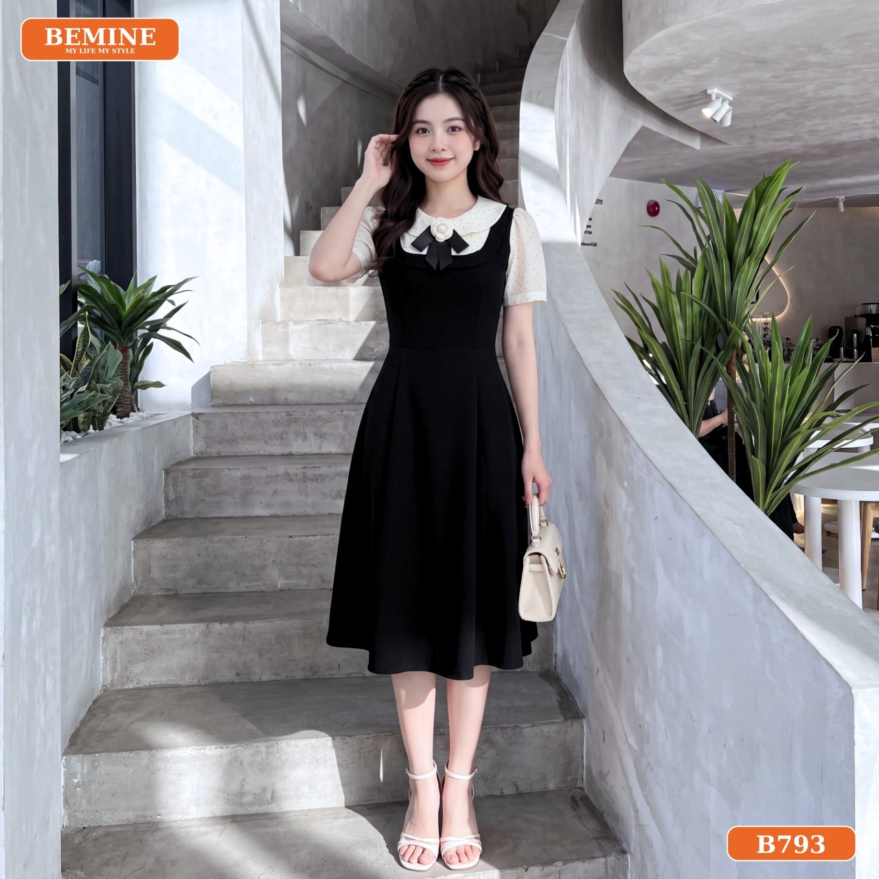 Gợi ý phối phụ kiện với đầm thiết kế cổ sen B793