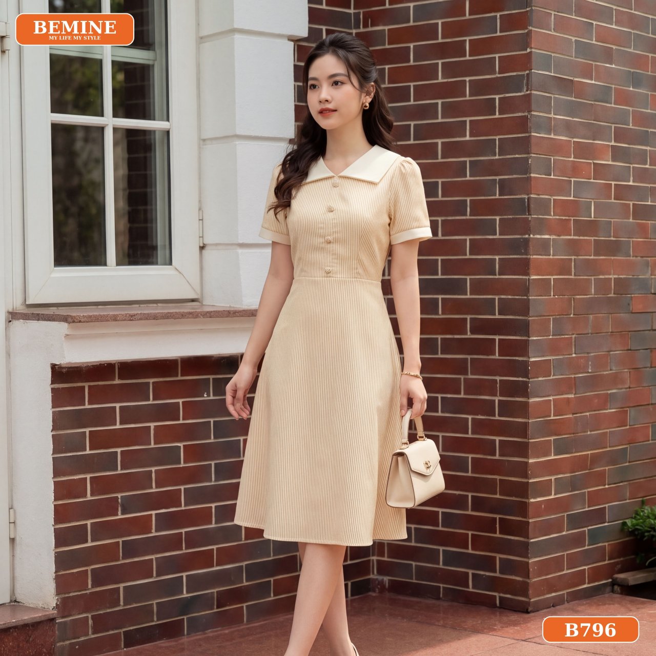 Chi tiết đầm cổ chữ V họa tiết sọc B796 công sở