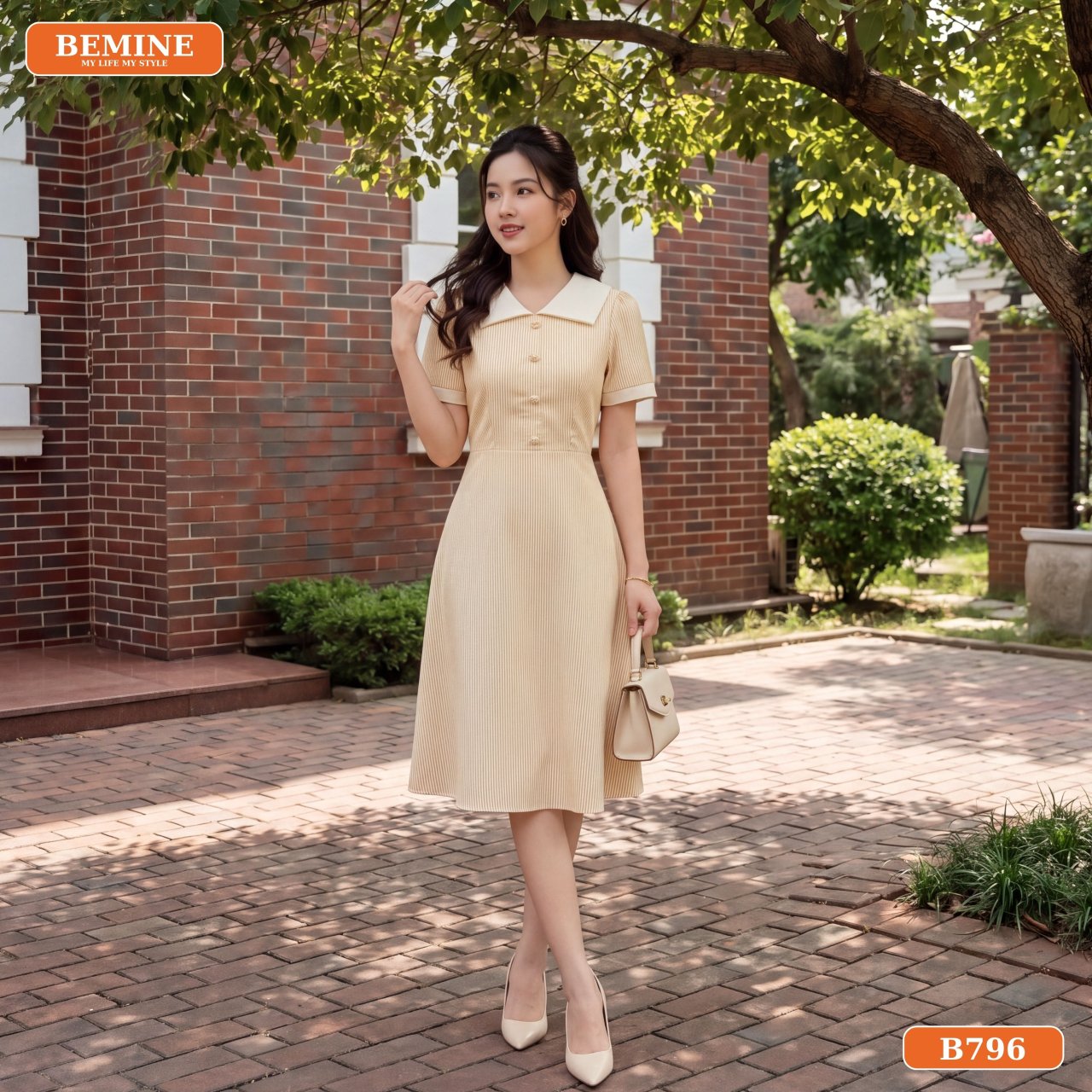 Gợi ý phối đồ với đầm cổ chữ V họa tiết sọc B796