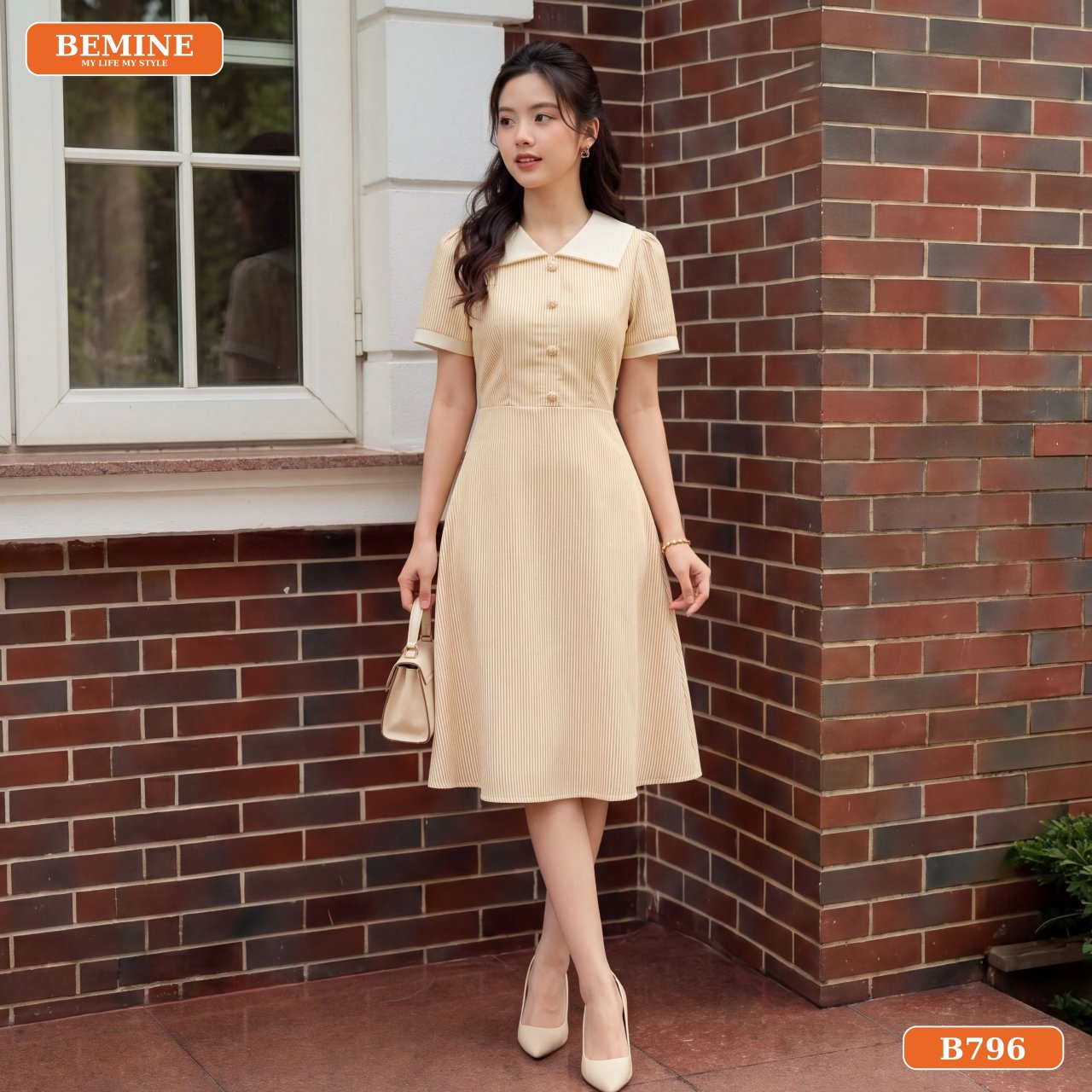 Chất liệu kate sọc của đầm B796 BEMINE