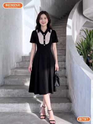 Đầm cổ sơ mi phối caro B797 dáng chữ A thanh lịch BEMINE