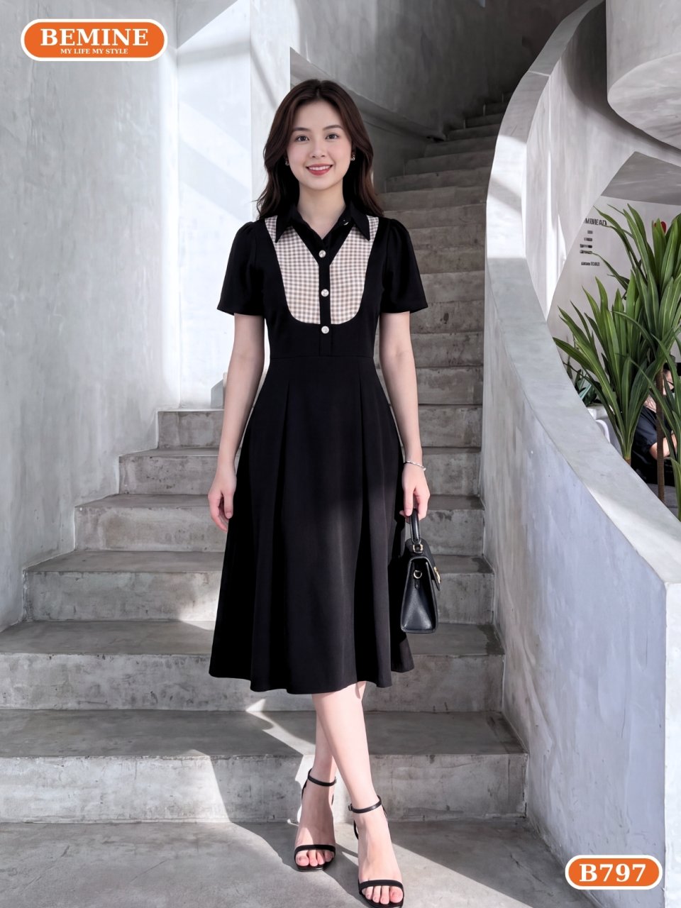 đầm thiết kế cổ sơ mi phối caro dáng chữ A B797