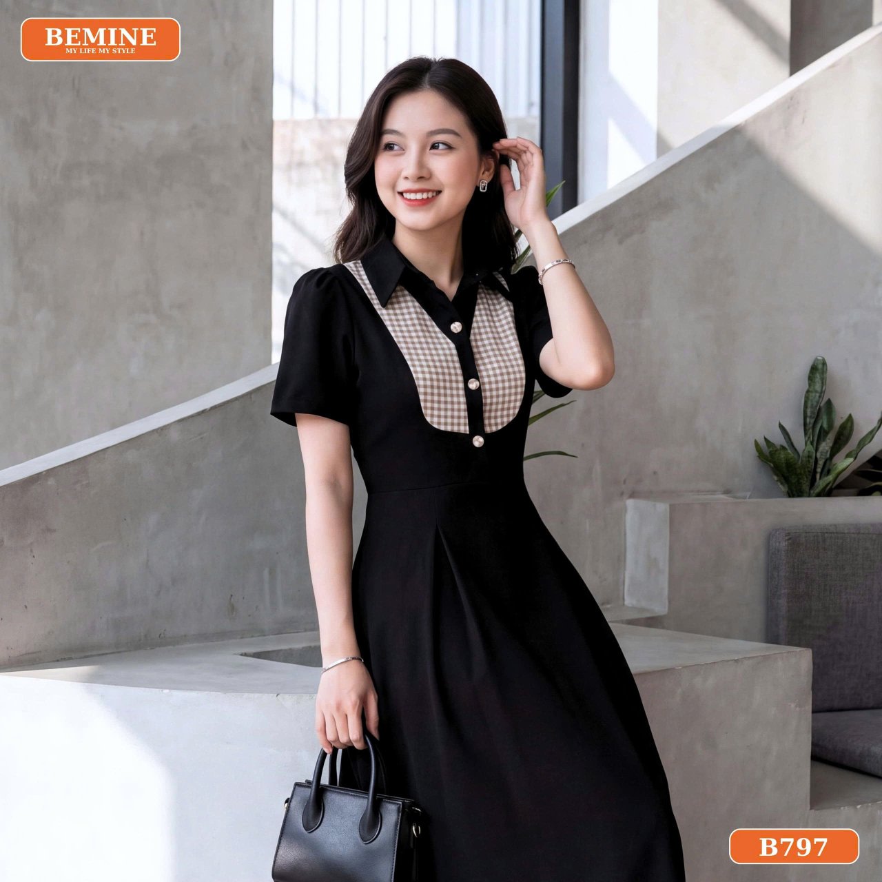 Đầm cổ sơ mi phối caro B797 có túi tiện lợi