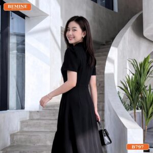 Chất liệu Cotton Thái của đầm cổ sơ mi phối caro B797
