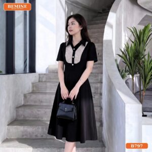 Gợi ý phối đồ với đầm cổ sơ mi phối caro B797 BEMINE