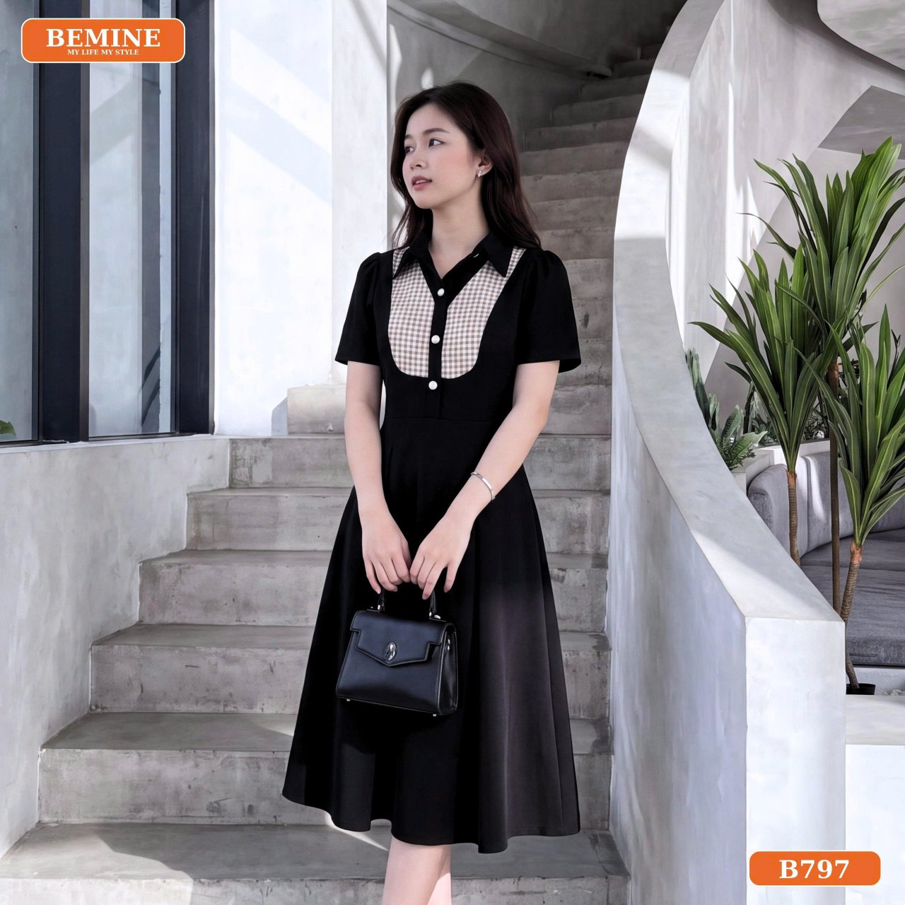 Gợi ý phối đồ với đầm cổ sơ mi phối caro B797 BEMINE