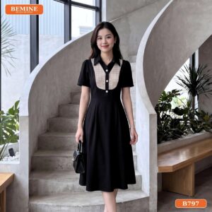 Đầm cổ sơ mi phối caro B797 thiết kế phù hợp đi làm