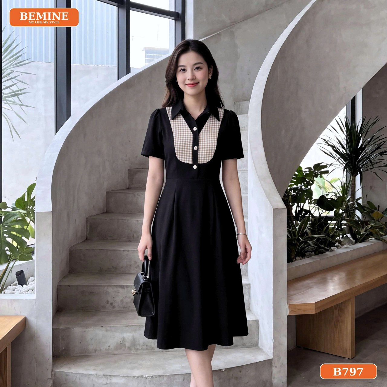 Đầm cổ sơ mi phối caro B797 thiết kế phù hợp đi làm