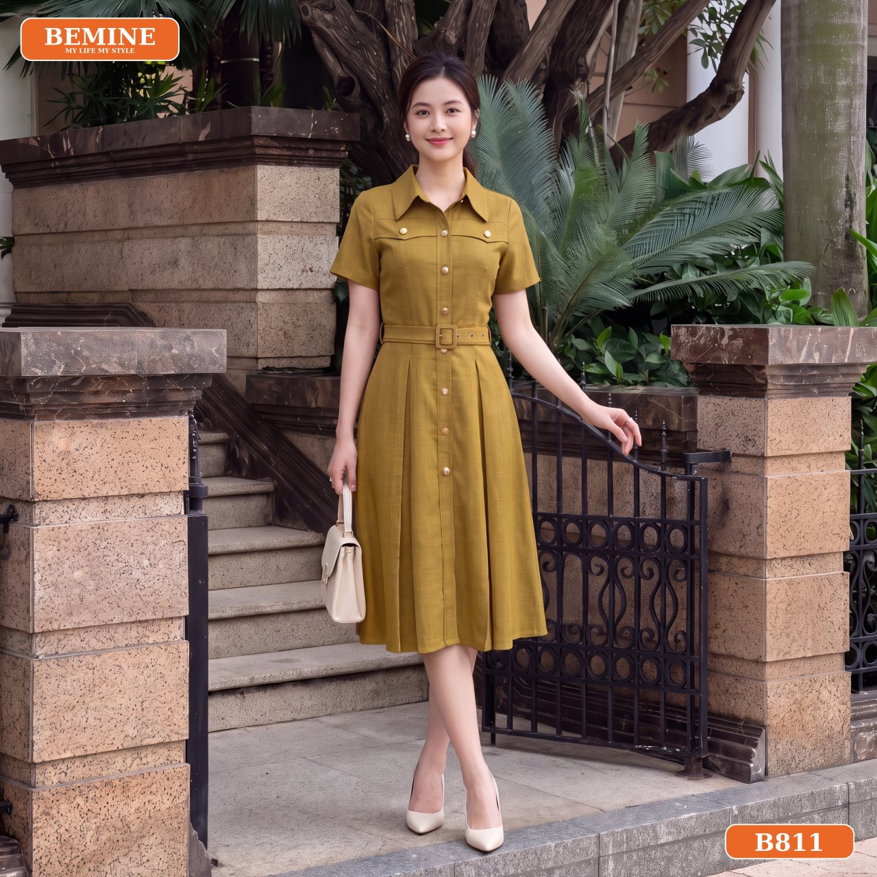 Chi tiết hàng cúc giả và dây nịt rời đầm B811 Đầm thiết kế cổ sơ mi dáng chữ A B811 đính cúc tỉ mỉ BEMINE