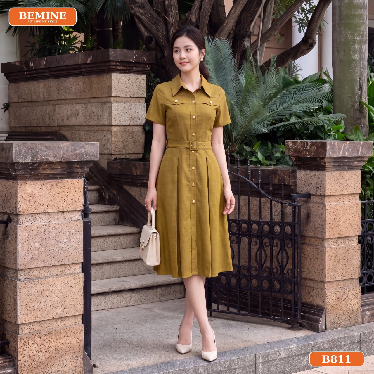 Phối đầm B811 cùng giày cao gót thanh lịch Phối phụ kiện cùng đầm thiết kế cổ sơ mi dáng chữ A B811