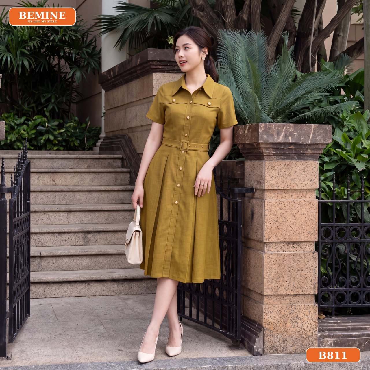 Phom dáng chữ A rủ nhẹ nhàng Đầm thiết kế cổ sơ mi dáng chữ A B811 phom dáng xòe nhẹ BEMINE