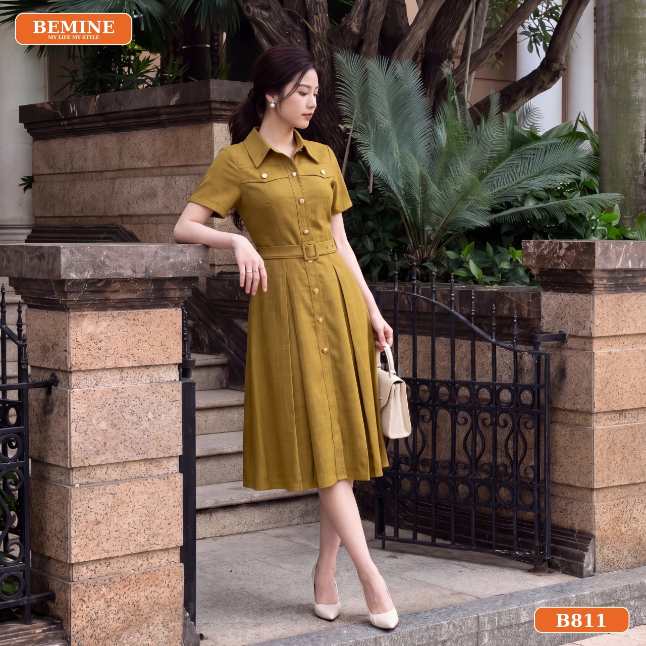 Diện đầm B811 tự tin đi làm Trang phục công sở đầm thiết kế cổ sơ mi dáng chữ A B811 BEMINE