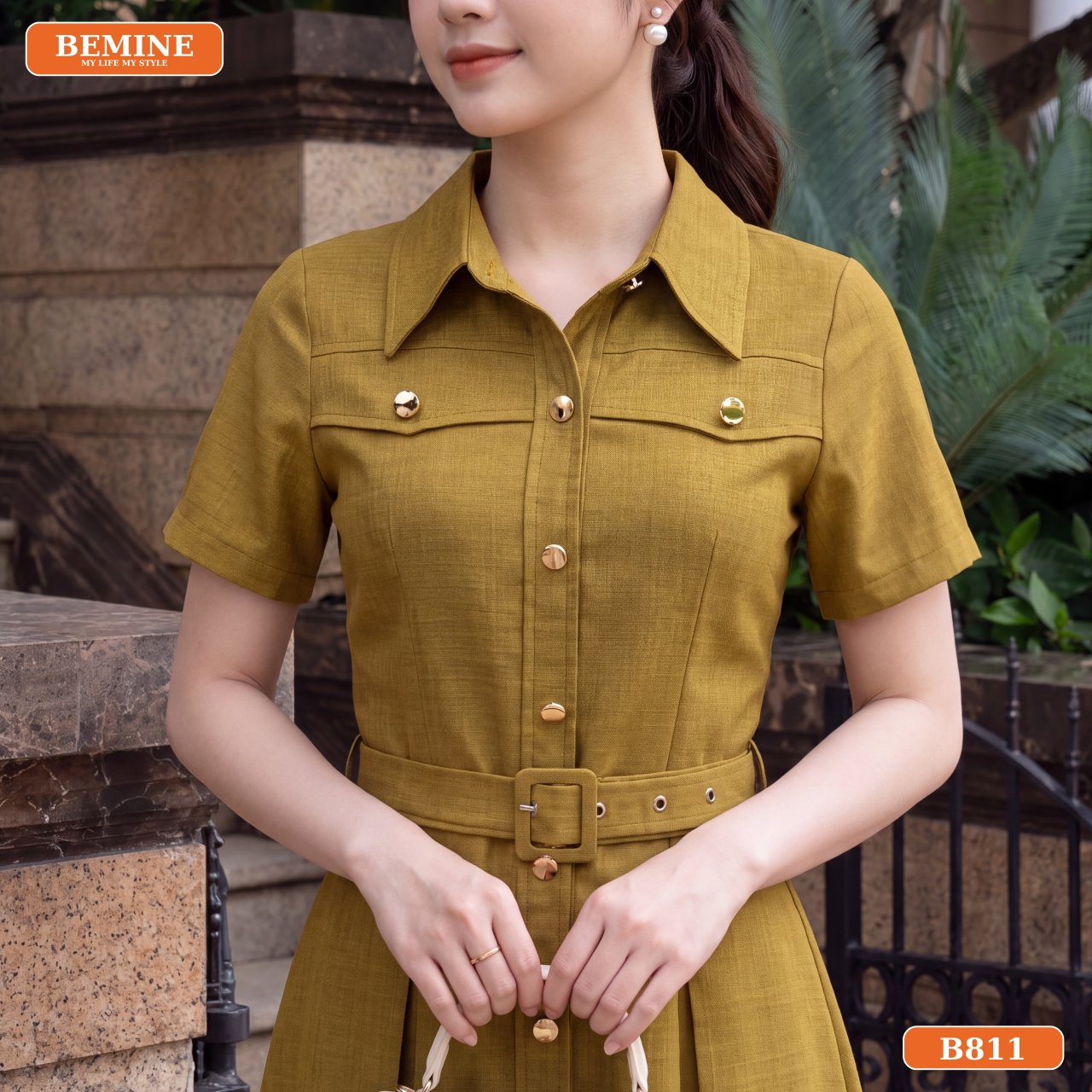 Thiết kế đầm 1 lớp nhẹ nhàng Đầm thiết kế cổ sơ mi dáng chữ A B811 phom dáng rủ tự nhiên