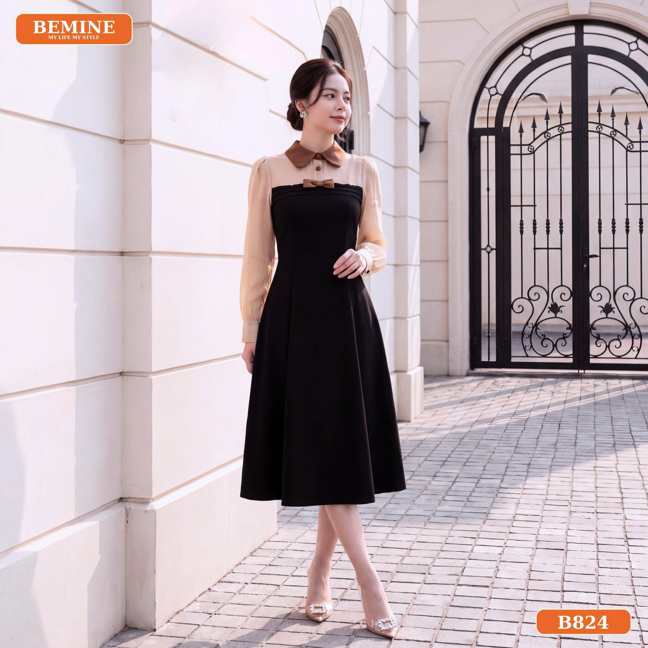 Chi tiết cúc thật đầm cổ sơ mi dáng chữ A B824