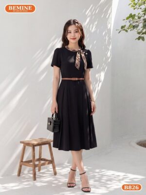 Đầm thiết kế BEMINE cổ trụ phối caro dáng chữ A B826 hình ảnh