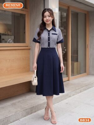 Đầm thiết kế BEMINE cổ sơ mi phối họa tiết caro tùng váy dáng chữ A B834 hình ảnh